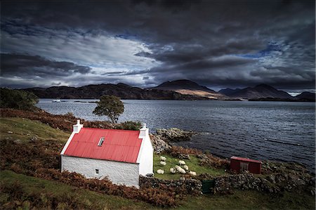 Scotland, Wester Ross. A brightly coloured cottage beside Loch Shieldaig on a gloomy day. Stock Photo - Rights-Managed, Code: 862-08699968
