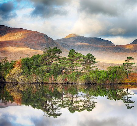 Scotland, Ullapool. Reflections of trees and mountains in Loch Cul Dromannan. Stock Photo - Rights-Managed, Code: 862-08699975