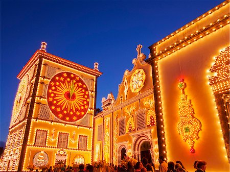 simsearch:862-03889206,k - Portugal, Azores, Sao Miguel, Ponta Delgada, Santo Cristo Church illuminated during the Holy Christ festivities. Stock Photo - Rights-Managed, Code: 862-08719347