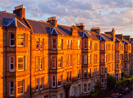 simsearch:700-01538925,k - UK, Scotland, Lothian, Edinburgh, Traditional Terraced Houses on Polwarth Gardens in sunset light. Stock Photo - Rights-Managed, Code: 862-08719435
