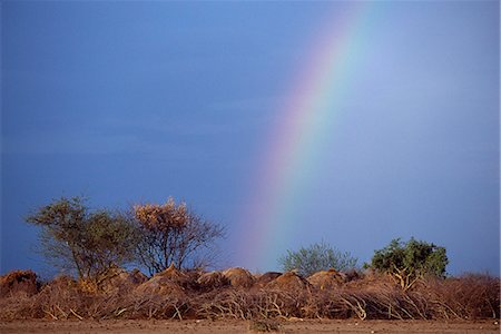 simsearch:862-03354065,k - A rainbow rises behind the temporary grass huts of a Nyangatom settlement. The Nyangatom or Bume are a Nilotic tribe of semi-nomadic pastoralists who live along the banks of the Omo River in south-western Ethiopia. Foto de stock - Con derechos protegidos, Código: 862-03354067