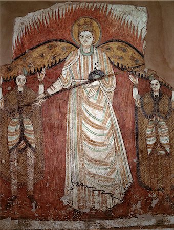 sudan - A fine early Coptic wall mural depicting an angel,which came from the ancient Christian monastery of Faras,founded in 707AD. A team of Polish experts saved the murals from this monastery before the site was submerged by Lake Nasser after the completion of Egypt's Aswan High Dam. A selection of murals now hangs in Sudan's National Museum in Khartoum. Stock Photo - Rights-Managed, Code: 862-03354558