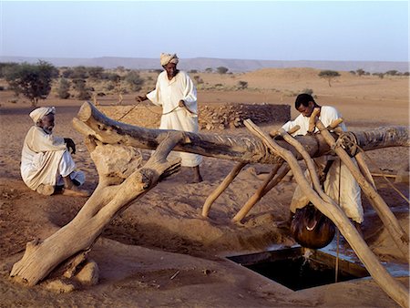 sudan - In the late afternoon,men draw water from a deep well at Naga,situated beside an important wadi some 30 km from the Nile. The large leather buckets are raised to the surface on pulleys using donkeys or camels. Stock Photo - Rights-Managed, Code: 862-03354566