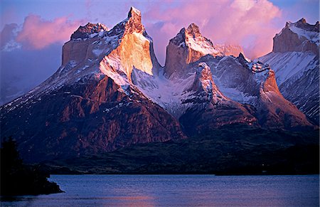 Paine Massif at dawn,seen across Lago Pehoe,Torres del Paine National Park,Chile. Stock Photo - Rights-Managed, Code: 862-03351985