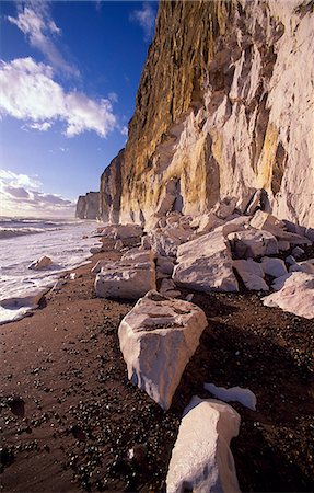 south east england - Chalk cliffs along the dramatic coastal landscape at Newhaven. The soft chalk that makes up the cliffs along this coast erodes fast,and blocks of fallen chalk can be seen in the foreground. Stock Photo - Rights-Managed, Code: 862-03353033