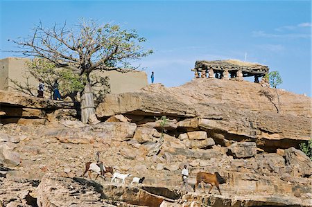 simsearch:400-05910051,k - Mali,Dogon Country. A scene near Sangha,an attractive Dogon village built among rocks on top of the Bandiagara escarpment. The men's meeting house,or Toguna,is on the skyline. Stock Photo - Rights-Managed, Code: 862-03364183