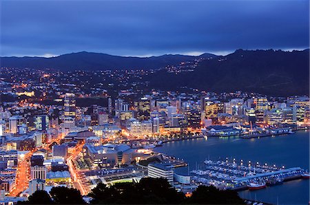 simsearch:862-07690507,k - Nouvelle-Zélande, North Island, Wellington. Vue de nuit panoramique centre donnant sur la baie orientale et le port de Wellington. Photographie de stock - Rights-Managed, Code: 862-03360076