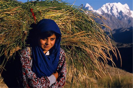 pakistan - A Burusho girl returns home with fodder for her livestock in the Hunza Valley. Stock Photo - Rights-Managed, Code: 862-03360398