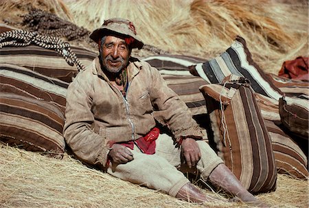 simsearch:862-03360742,k - Potato harvesting in fields in the highlands. An old man leans against the raw llama wool sacks. Each stripe the colour of the animal it came from. There are over 200 species of potato and nearly 3,000 varieties in this country that was there origin. The domestication of the potato,maize,llama and guinea pig were the foundation upon which the early andean civilisations were built. Stock Photo - Rights-Managed, Code: 862-03360730