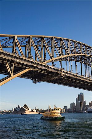 sydney harbour bridge - A passenger ferry passes beneath the Harbour Bridge at Milsons Point with a backdrop of the Opera House and central Sydney Stock Photo - Rights-Managed, Code: 862-03436906