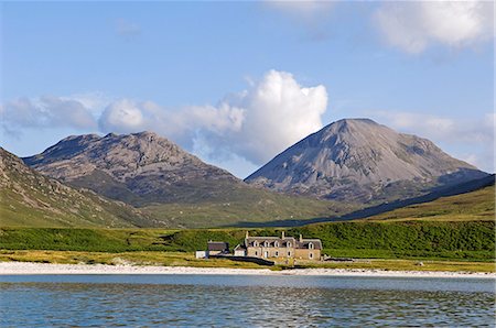 simsearch:862-03361556,k - GlenBatrick Lodge overlooks the white sandy shore of Loch Tarbert on the west side of Jura. Backed by the Paps of Jura and beautifully isolated,the lodge is only accessible by boat or a five hour walk. Stock Photo - Rights-Managed, Code: 862-03437353