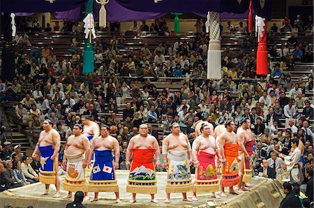 simsearch:841-03056192,k - Grand Taikai Sumo Wrestling Tournament Dohyo ring entering ceremony of top ranked wrestlers Stock Photo - Rights-Managed, Code: 862-03712505