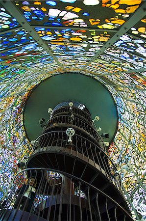 Japan,Honshu Island,Kanagawa Prefecture,Fuji Hakone National Park,Chokokunomori Sculpture Park. Kaleidoscopic stained glass windows and spiral staircase of viewing platform. Stock Photo - Rights-Managed, Code: 862-03712537
