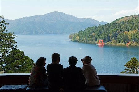 simsearch:862-03712492,k - Japan,Honshu Island,Kanagawa Prefecture,Fuji Hakone National Park. Red Torii Gate on Lake Ashi with Mount Fuji (3776m) in background. Japanese women viewing from Narukawa Museum. Stock Photo - Rights-Managed, Code: 862-03712532