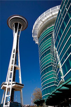 United States of America, Washington, Seattle, Belltown, the Seattle Space Needle and a commercial office building. Stock Photo - Rights-Managed, Code: 862-03737369