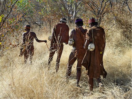simsearch:862-03820241,k - NIIS hunter gatherers make their way through waterless, bush country carrying their meagre water ration for the day in blown ostrich eggs.The NIIS are a part of the San people, often referred to as Bushmen. Until recently, their way of life had remained unchanged for thousands of years.Few now live solely by hunting and gathering. Stock Photo - Rights-Managed, Code: 862-03820231