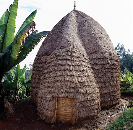 simsearch:862-03353978,k - The Dorze people living in highlands west of the Abyssinian Rift Valley have a unique style of building their homes. The twenty foot high bamboo frame is covered with the sheaths of bamboo stems or straw, and resembles a giant beehive.Doorways are set in a bulge of the house, which forms a reception area for guests.These remarkable houses can last for forty years or more. Stock Photo - Rights-Managed, Code: 862-03820415