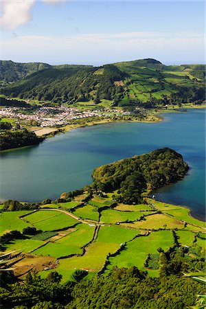 simsearch:862-03889206,k - Sete Cidades volcanic lake and village. A big crater with 12 kilometers in perimeter, one of the most visited sites in Sao Miguel. Azores islands, Portugal Stock Photo - Rights-Managed, Code: 862-03889136