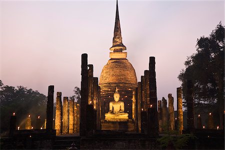 sukhothai province - Thailand, Sukhothai, Sukhothai.  Ruins of Wat Sa Si (also known as Sacred Pond Monastery) lit during the festival of Loy Krathong in the Sukhothai Historical Park. Stock Photo - Rights-Managed, Code: 862-03889855