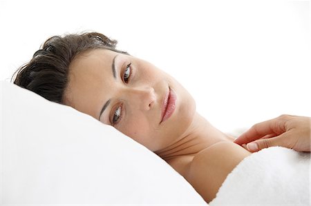 shoulder old lady white - Portrait of a young woman lying on bed, white bathrobe Stock Photo - Rights-Managed, Code: 877-06836064