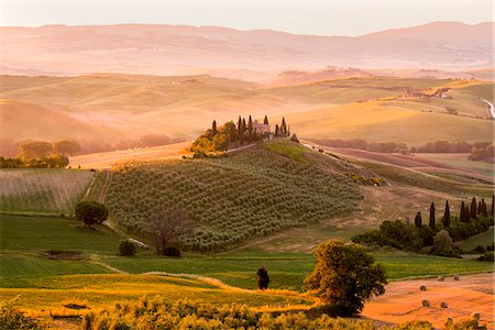Belvedere Farmhouse at dawn, San Quirico d'Orcia, Orcia Valley, Siena province, Italy, Europe. Stock Photo - Rights-Managed, Code: 879-09021159
