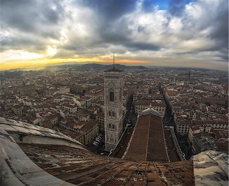 Florence, Tuscany, Italy. Sunset from the top of Cupola del Brunelleschi and Santa Maria del Fiore with Giotto tower. Stock Photo - Rights-Managed, Code: 879-09032985