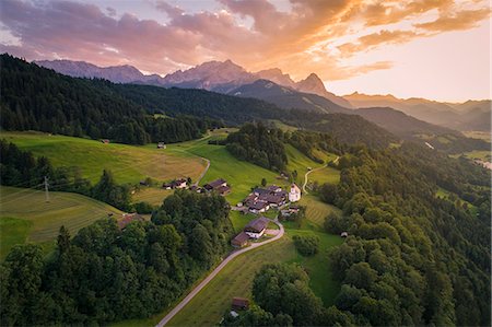 Aerial view of the iconic Wamberg village, near Garmisch Partenkirchen, Bayern Alps, Germany Stock Photo - Rights-Managed, Code: 879-09100985