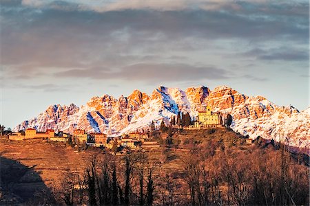 snowcapped mountain - The church of Montevecchia at sunset. Resegone mountain in the background. Montevecchia, Lecco, Lombardy, Italy, Europe. Stock Photo - Rights-Managed, Code: 879-09128760