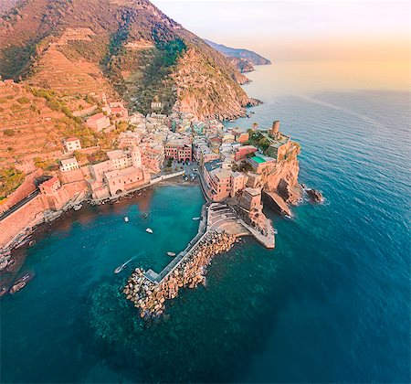 Vernazza, 5 Terre, Liguria, Italy. Aerial view of Vernazza at sunset. Stock Photo - Rights-Managed, Code: 879-09128806