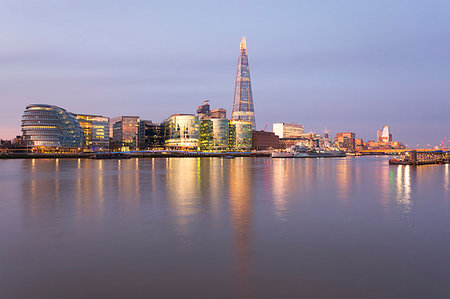 Southwark area with City Hall and Shard reflected in river Thames at dawn, London, Great Britain, UK Stock Photo - Rights-Managed, Code: 879-09189430