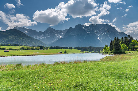 Mittenwald, district of Garmisch-Partenkirchen, Upper Bavaria, Germany, Europe. View over the Schmalen Lake to the mountains of the Karwendel Stock Photo - Rights-Managed, Code: 879-09190709