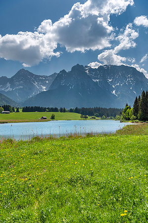 Mittenwald, district of Garmisch-Partenkirchen, Upper Bavaria, Germany, Europe. View over the Schmalen Lake to the mountains of the Karwendel Stock Photo - Rights-Managed, Code: 879-09190710