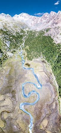 Aerial panoramic of creek at foot of Monte Disgrazia and Corni Bruciati, Preda Rossa, Valmasino, Valtellina, Lombardy, Italy Stock Photo - Rights-Managed, Code: 879-09191478