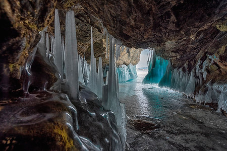 Ice stalactites in a cave at the shore at lake Baikal, Irkutsk region, Siberia, Russia Stock Photo - Rights-Managed, Code: 879-09191814