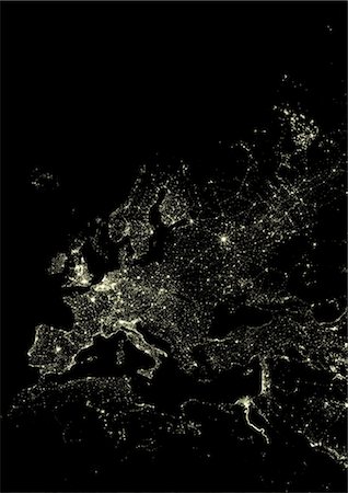 Western Europe At Night, Satellite Image. Lights of Western Europe at night from space. Coloured image derived from satellite data showing Western Europe at night. This image is a mosaic of frames made at night by US Defense Meteorological Satellite Program (DMSP). Stock Photo - Rights-Managed, Code: 872-06052715