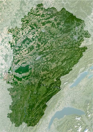Image Satellite vrai couleur Franche-Comté région (France), avec le masque. Région Franche Comté, France, image satellite couleur vraie avec masque. Cette image a été compilée à partir de données acquises par les satellites LANDSAT 5 & 7. Photographie de stock - Rights-Managed, Code: 872-06052806