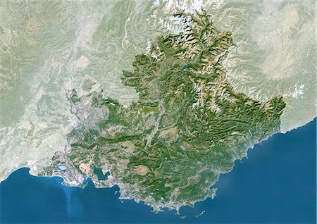 Provence-Alpes-Côte D'Azur Region, France, True Colour Satellite Image With Mask. Provence - Alpes - Côte d'Azur region, France, true colour satellite image with mask. This image was compiled from data acquired by LANDSAT 5 & 7 satellites. Stock Photo - Rights-Managed, Code: 872-06052815