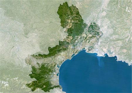 Image Satellite vrai couleur Languedoc-Roussillon région (France), avec le masque. Région Languedoc Roussillon, France, image satellite couleur vraie avec masque. Cette image a été compilée à partir de données acquises par les satellites LANDSAT 5 & 7. Photographie de stock - Rights-Managed, Code: 872-06052816