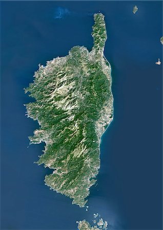 Corse, France, couleur vraie Image-Satellite. Corse, France. Image satellite de vraies couleurs de la Corse, la quatrième plus grande île dans la mer Méditerranée. Cette image a été compilée à partir de données acquises par les satellites LANDSAT 5 & 7. Photographie de stock - Rights-Managed, Code: 872-06052826