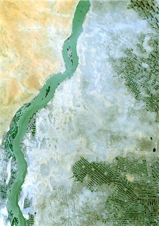 sudan - White Nile, Sudan, True Colour Satellite Image. White Nile, Sudan, true colour satellite image. Agriculture in a desertic area, on the plain of Jazira in Sudan, along the White Nile. Image taken on 21 February 2000 using LANDSAT data. Stock Photo - Rights-Managed, Code: 872-06053031
