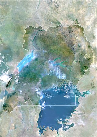 Uganda, Africa, True Colour Satellite Image With Border And Mask. Satellite view of Uganda (with border and mask). This image was compiled from data acquired by LANDSAT 5 & 7 satellites. Stock Photo - Rights-Managed, Code: 872-06053407