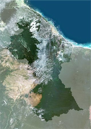 Guyana, South America, True Colour Satellite Image With Mask. Satellite view of Guyana (with mask). This image was compiled from data acquired by LANDSAT 5 & 7 satellites. Stock Photo - Rights-Managed, Code: 872-06053509