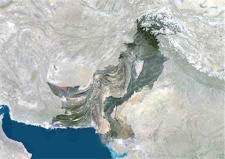 Pakistan, Asia, True Colour Satellite Image With Mask. Satellite view of Pakistan (with mask). This image was compiled from data acquired by LANDSAT 5 & 7 satellites. Stock Photo - Rights-Managed, Code: 872-06053544