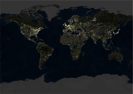 Whole Earth At Night With Country Borders, True Colour Satellite Image. True colour satellite image of the whole Earth at night with country borders. This image in Miller projection was compiled from data acquired by LANDSAT 5 & 7 satellites. Stock Photo - Rights-Managed, Code: 872-06053575