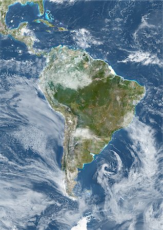 South America With Cloud Coverage, True Colour Satellite Image. True colour satellite image of South America with cloud coverage. This image in Lambert Azimuthal Equal Area projection was compiled from data acquired by LANDSAT 5 & 7 satellites. Stock Photo - Rights-Managed, Code: 872-06053603