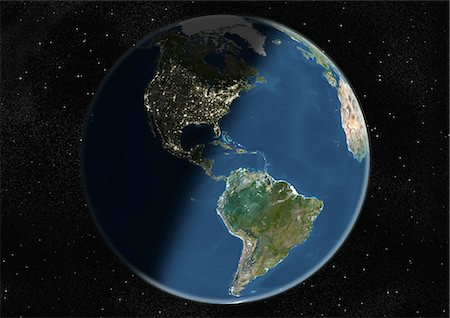 Globe Centred On The Americas, True Colour Satellite Image. True colour satellite image of the Earth centred on the Americas, during winter solstice at 12 a.m GMT. This image in orthographic projection was compiled from data acquired by LANDSAT 5 & 7 satellites. Stock Photo - Rights-Managed, Code: 872-06053654