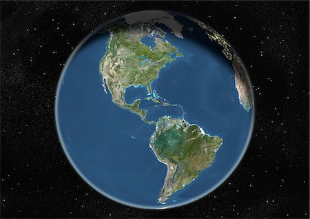 Globe Centred On The Americas, True Colour Satellite Image. True colour satellite image of the Earth centred on the Americas, during winter solstice at 6 p.m GMT. This image in orthographic projection was compiled from data acquired by LANDSAT 5 & 7 satellites. Stock Photo - Rights-Managed, Code: 872-06053656