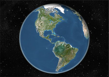 Globe Centred On The Americas, True Colour Satellite Image. True colour satellite image of the Earth centred on the Americas, at the equinox at 6 p.m GMT. This image in orthographic projection was compiled from data acquired by LANDSAT 5 & 7 satellites. Stock Photo - Rights-Managed, Code: 872-06053664