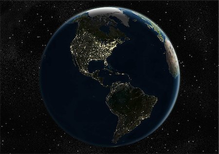 Globe Centred On The Americas, True Colour Satellite Image. True colour satellite image of the Earth centred on the Americas, at the equinox at 6 a.m GMT. This image in orthographic projection was compiled from data acquired by LANDSAT 5 & 7 satellites. Stock Photo - Rights-Managed, Code: 872-06053660