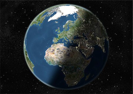 Globe Centred On Europe And Africa, True Colour Satellite Image. True colour satellite image of the Earth centred on Europe and Africa, during summer solstice at 6 p.m GMT. This image in orthographic projection was compiled from data acquired by LANDSAT 5 & 7 satellites. Stock Photo - Rights-Managed, Code: 872-06053696
